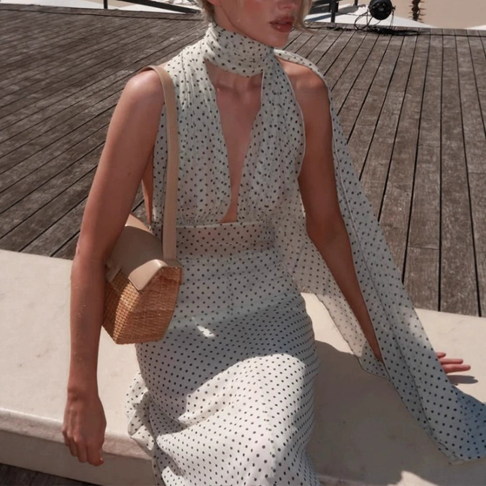 Zara Polka Dot Halter Backless Maxi Dress with Deep V Scarf
